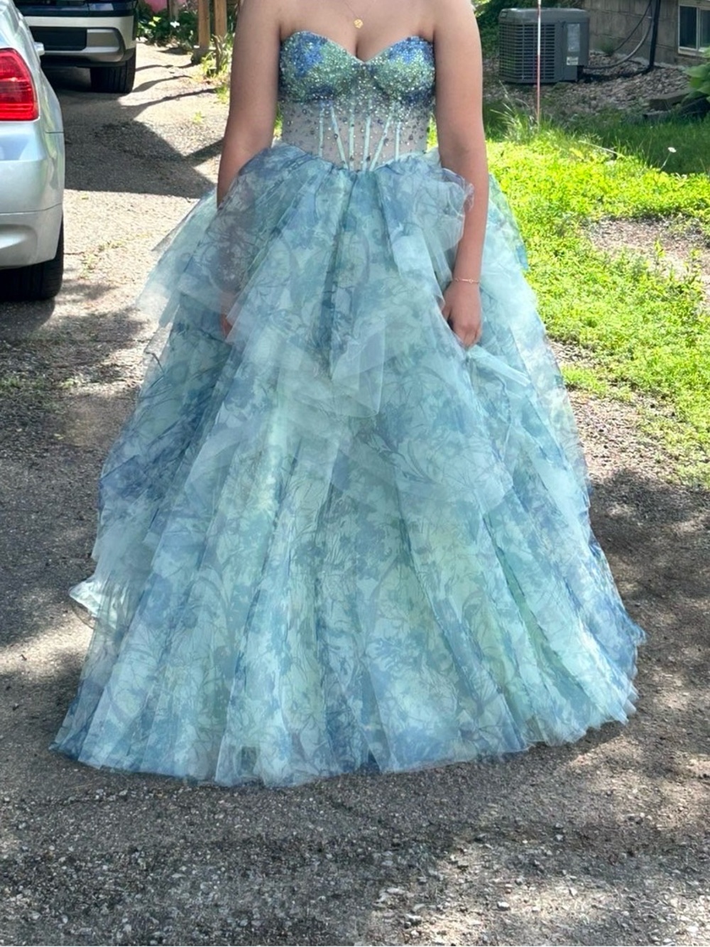 Strapless Blue-Green sparkly prom dress